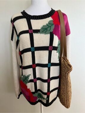 Vintage Cream Floral Grid Knit Sweater - Women